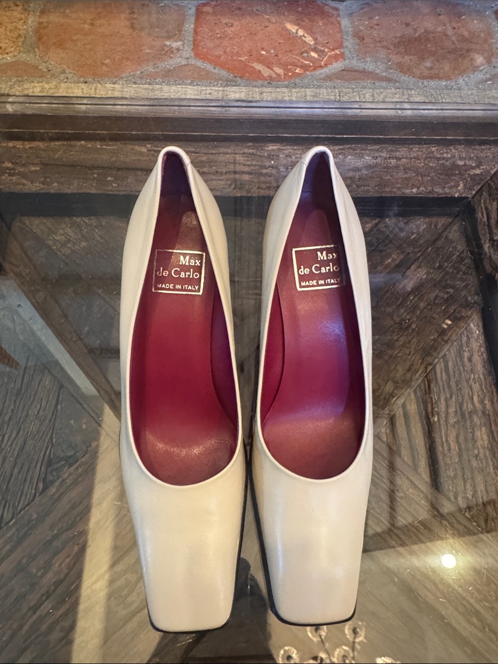 Max de Carlo Cream Leather Square-Toe Pumps with Burgundy Insole